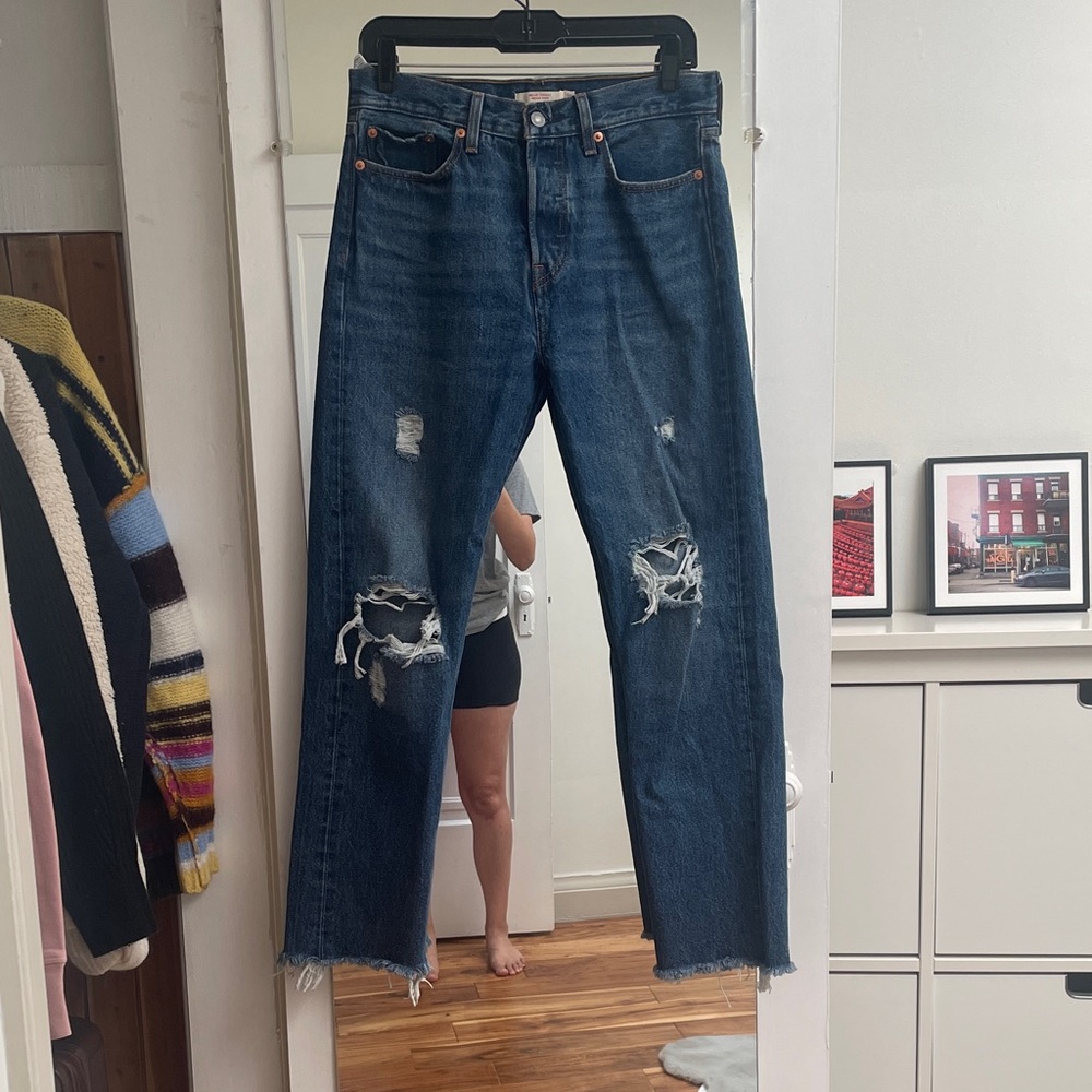 Levi's Distressed Straight Leg Jeans - Dark Blue